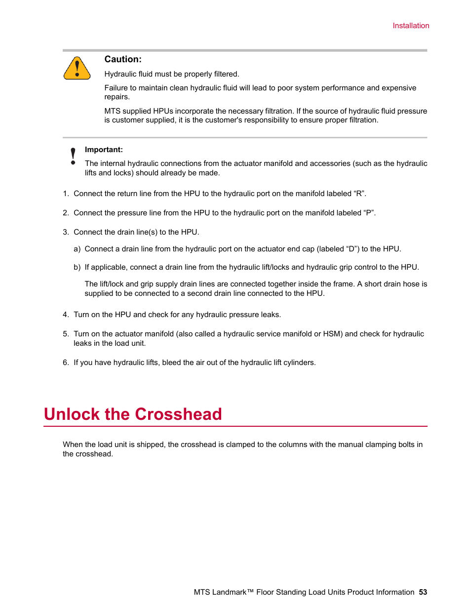 Unlock the crosshead | MTS Landmark  Floor Standing User Manual | Page 53 / 128