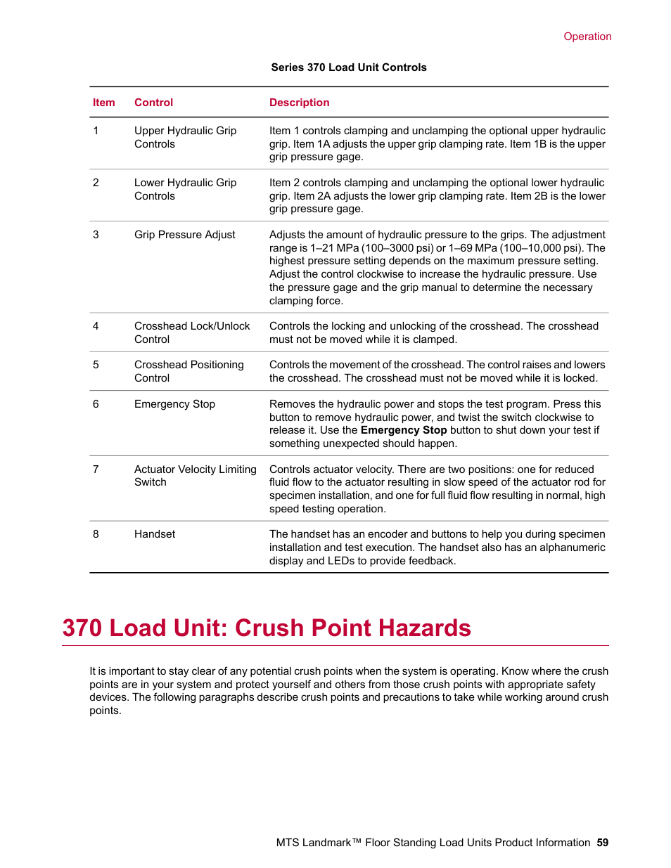 370 load unit: crush point hazards | MTS Landmark  Floor Standing User Manual | Page 59 / 128