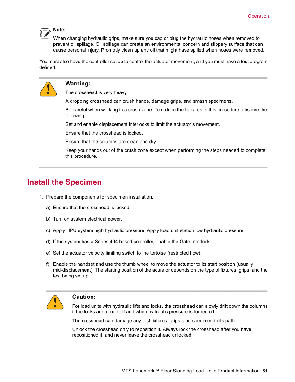 Install the specimen | MTS Landmark  Floor Standing User Manual | Page 61 / 128