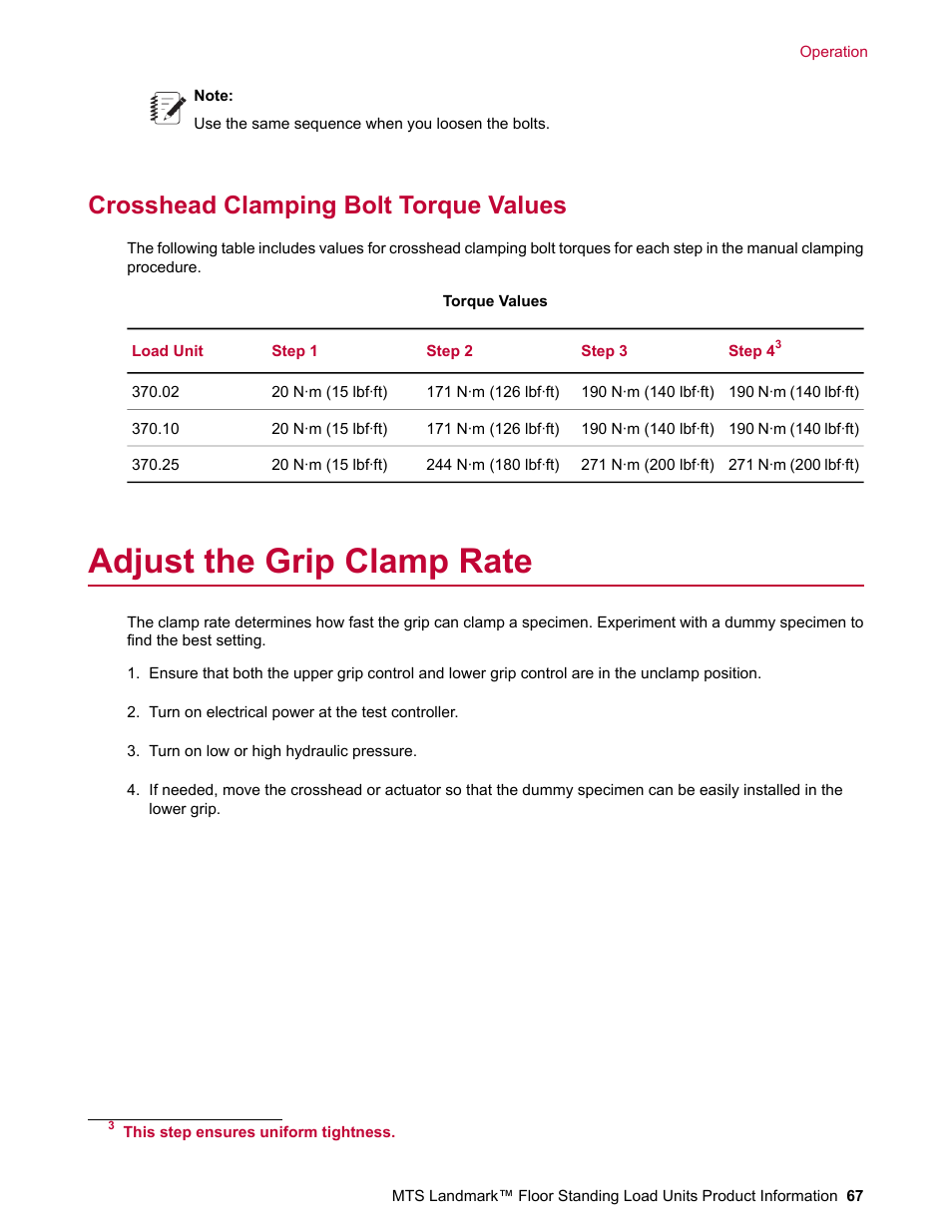 Crosshead clamping bolt torque values, Adjust the grip clamp rate | MTS Landmark  Floor Standing User Manual | Page 67 / 128