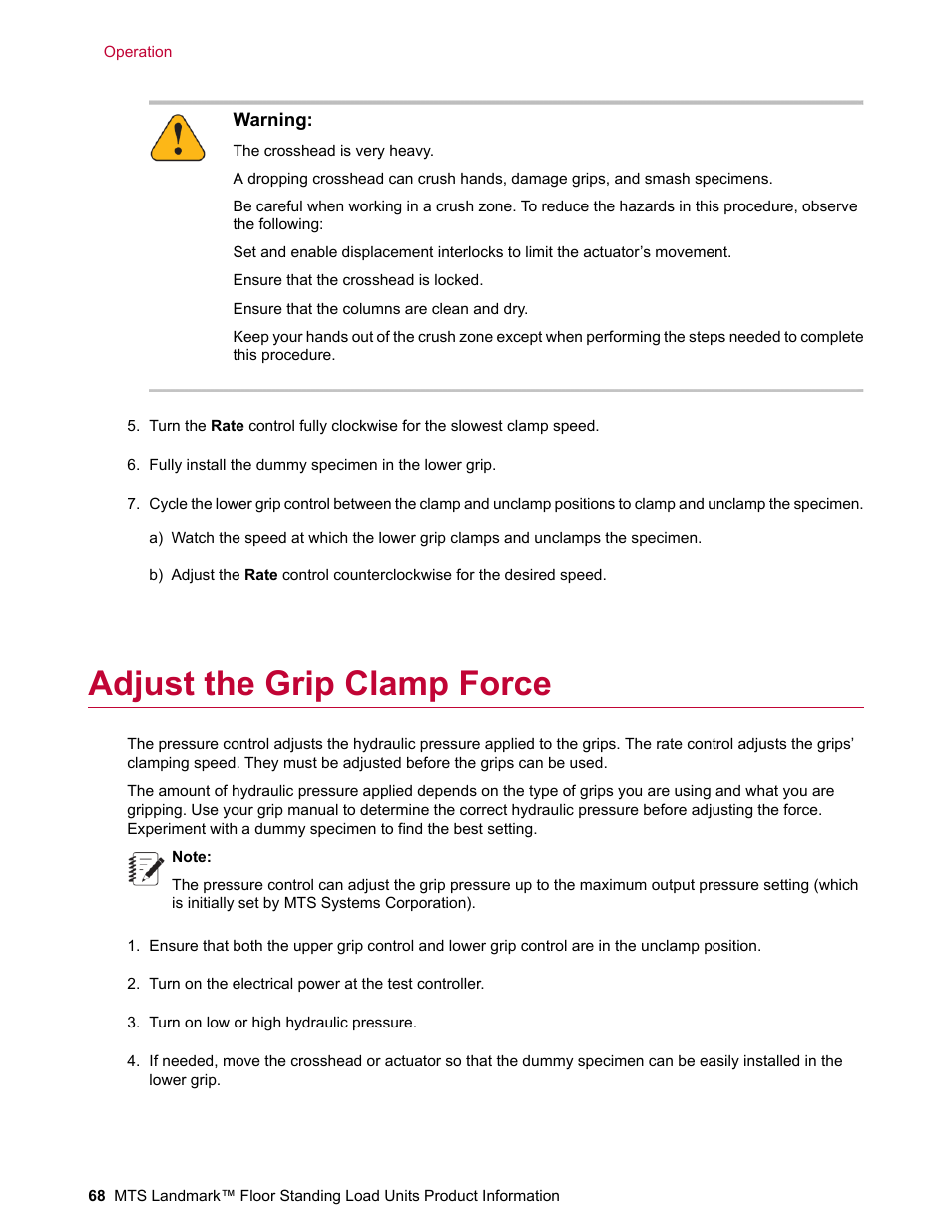 Adjust the grip clamp force | MTS Landmark  Floor Standing User Manual | Page 68 / 128