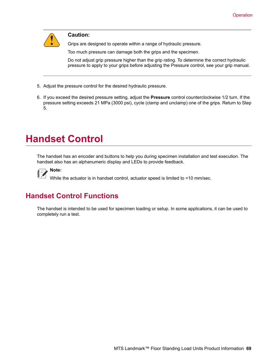 Handset control, Handset control functions | MTS Landmark  Floor Standing User Manual | Page 69 / 128