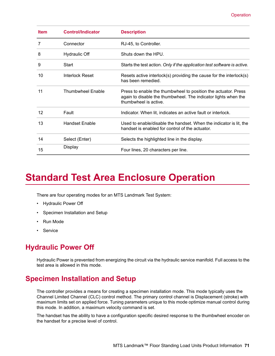 Standard test area enclosure operation, Hydraulic power off, Specimen installation and setup | MTS Landmark  Floor Standing User Manual | Page 71 / 128