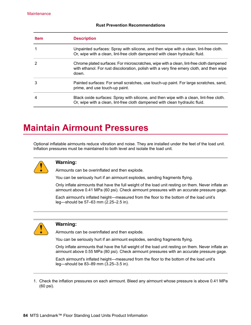 Maintain airmount pressures | MTS Landmark  Floor Standing User Manual | Page 84 / 128