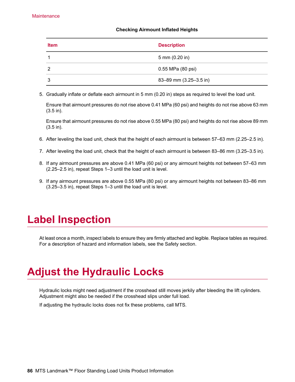 Label inspection, Adjust the hydraulic locks | MTS Landmark  Floor Standing User Manual | Page 86 / 128