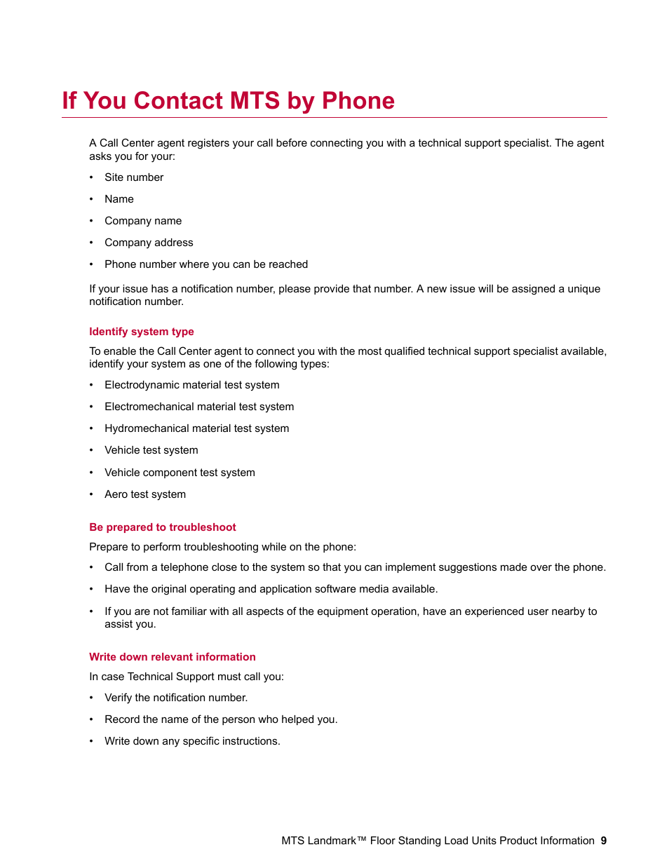 If you contact mts by phone | MTS Landmark  Floor Standing User Manual | Page 9 / 128