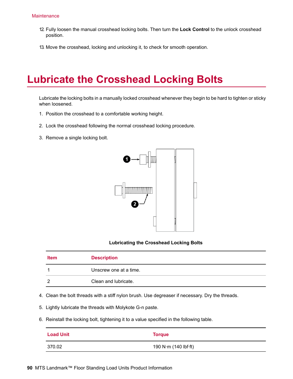 Lubricate the crosshead locking bolts | MTS Landmark  Floor Standing User Manual | Page 90 / 128