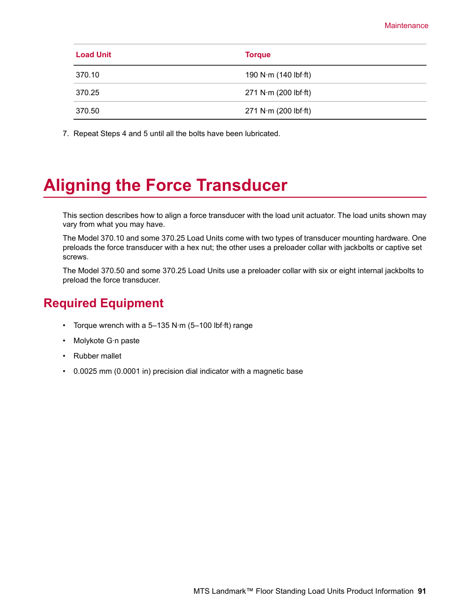 Aligning the force transducer, Required equipment | MTS Landmark  Floor Standing User Manual | Page 91 / 128