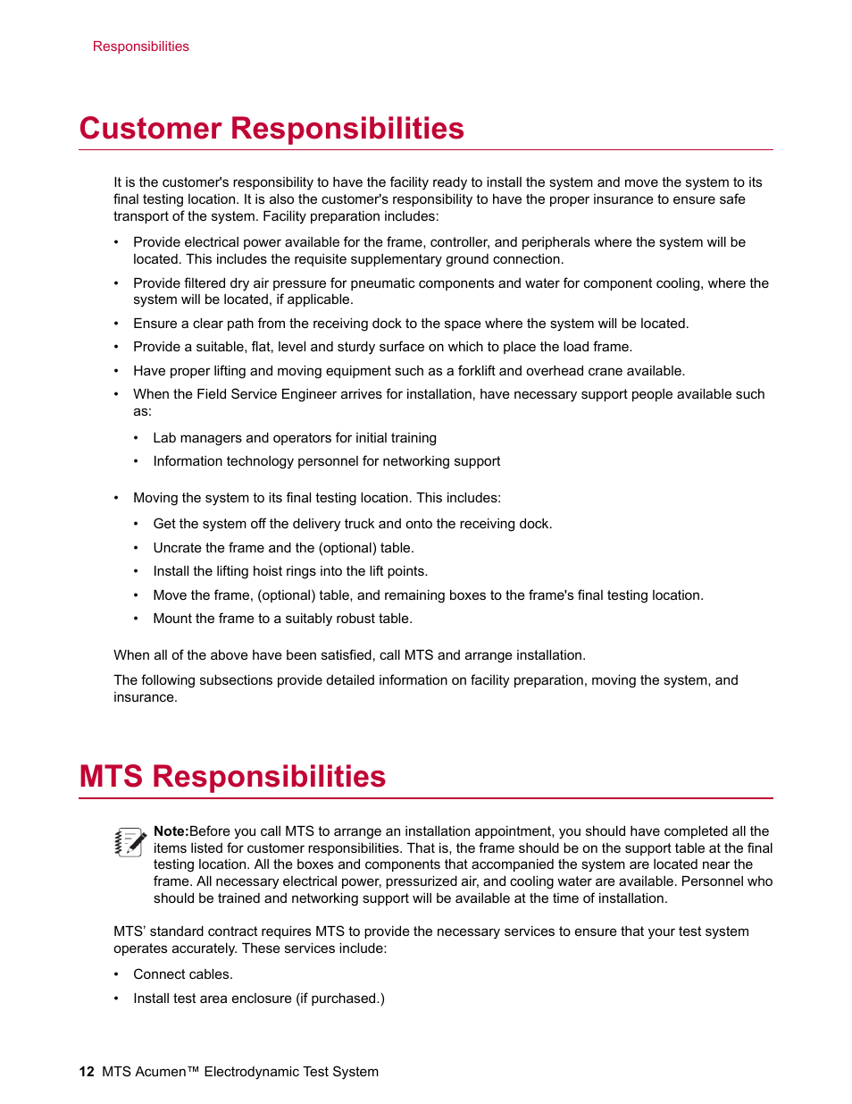Customer responsibilities, Mts responsibilities | MTS Acumen Electrodynamic Lift and Move Guide User Manual | Page 12 / 26