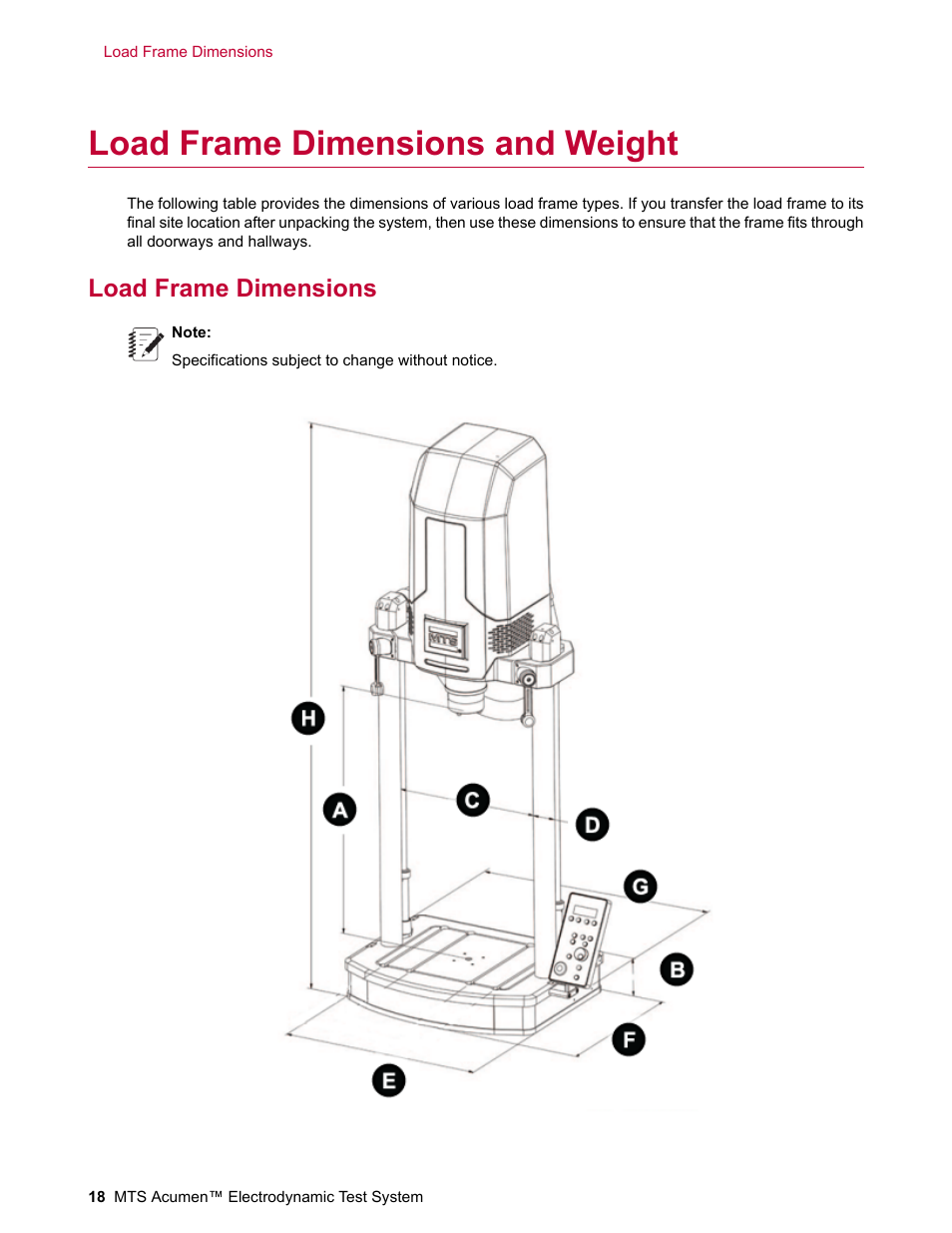 Load frame dimensions and weight, Load frame dimensions | MTS Acumen Electrodynamic Lift and Move Guide User Manual | Page 18 / 26