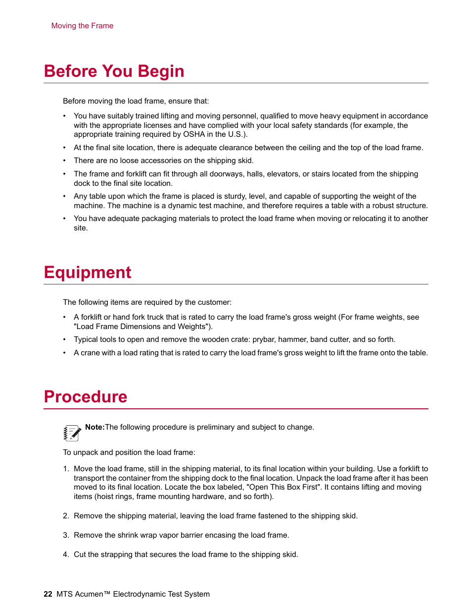 Before you begin, Equipment, Procedure | MTS Acumen Electrodynamic Lift and Move Guide User Manual | Page 22 / 26