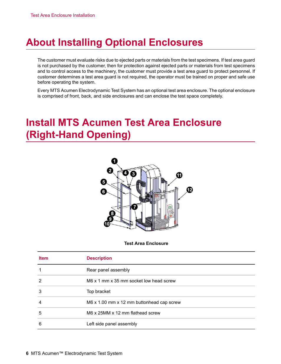 About installing optional enclosures | MTS Acumen Electrodynamic Test Area Enclosure User Manual | Page 6 / 18
