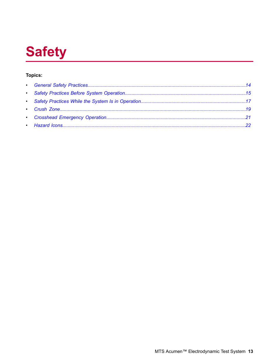 Safety | MTS Acumen Electrodynamic Test System Load Frame User Guide User Manual | Page 13 / 74