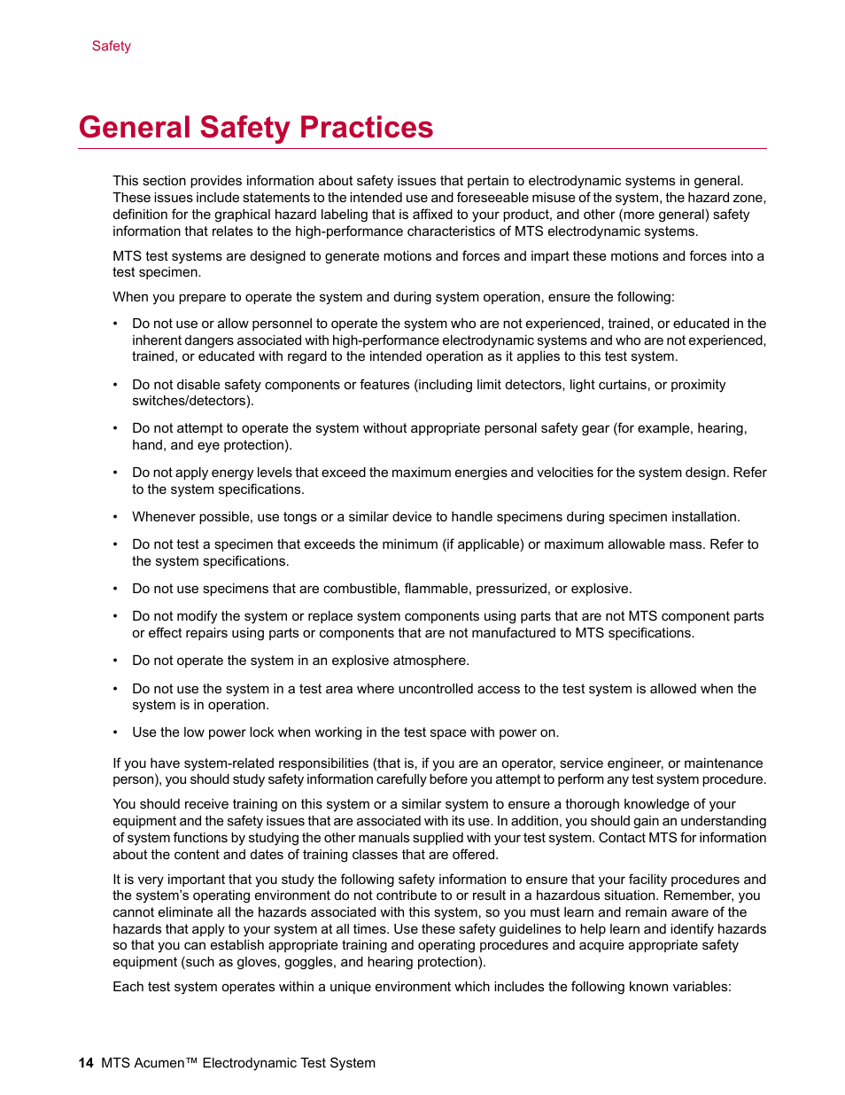 General safety practices | MTS Acumen Electrodynamic Test System Load Frame User Guide User Manual | Page 14 / 74