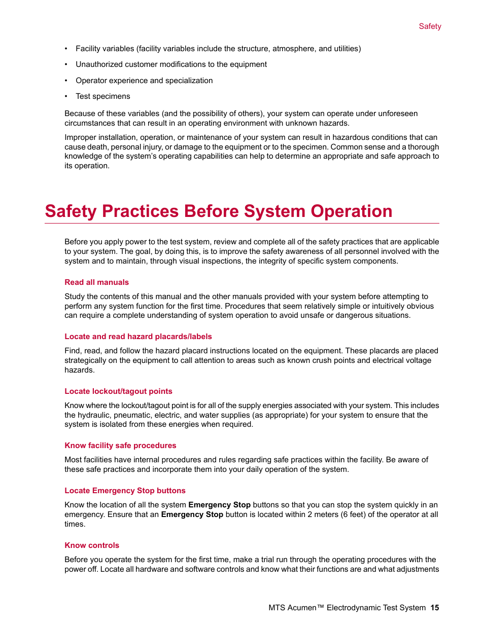 Safety practices before system operation | MTS Acumen Electrodynamic Test System Load Frame User Guide User Manual | Page 15 / 74