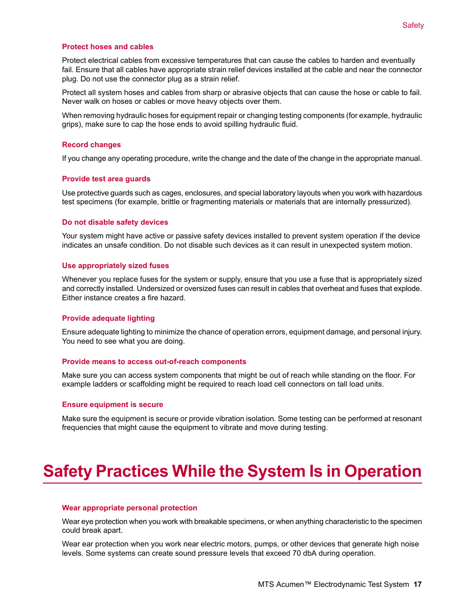 Safety practices while the system is in operation | MTS Acumen Electrodynamic Test System Load Frame User Guide User Manual | Page 17 / 74