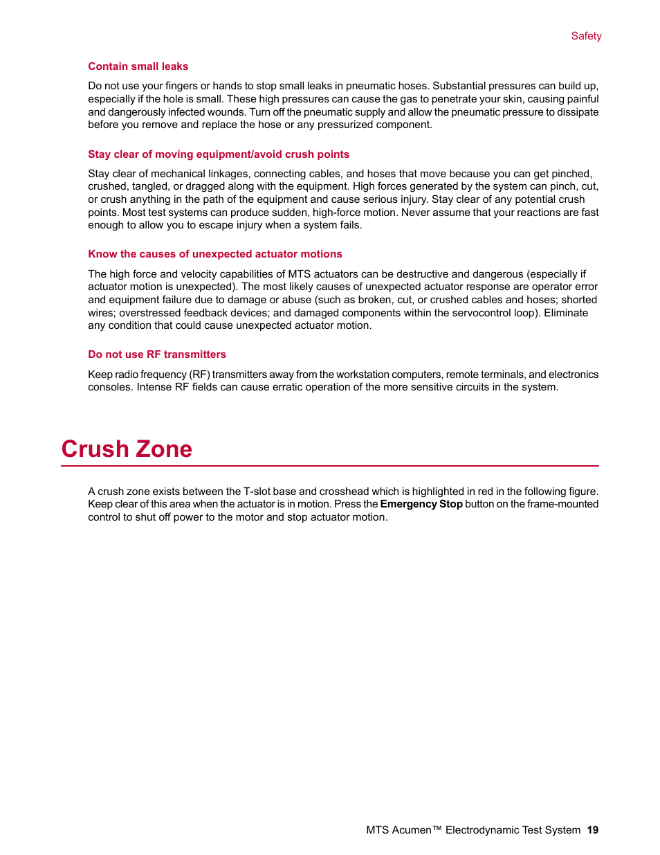 Crush zone | MTS Acumen Electrodynamic Test System Load Frame User Guide User Manual | Page 19 / 74