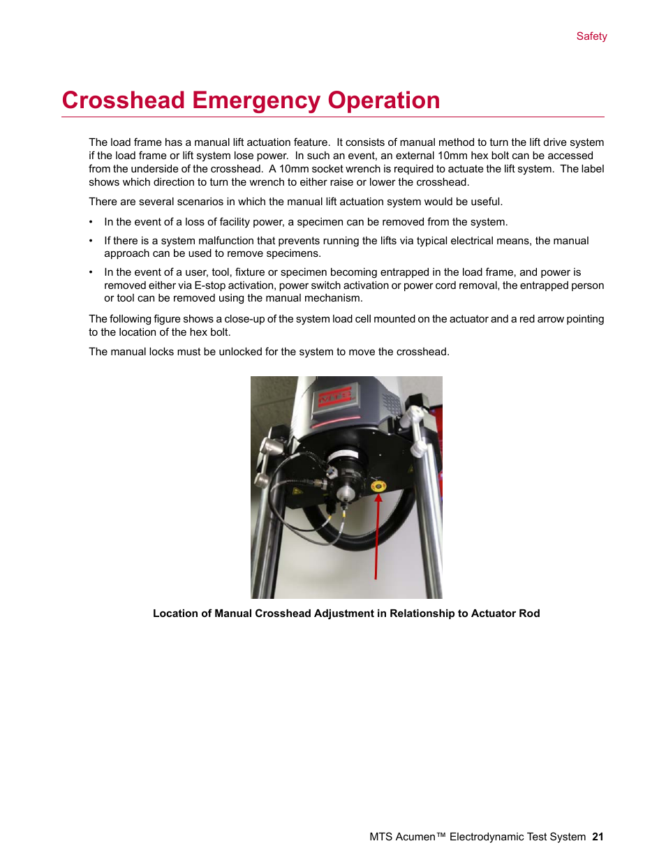 Crosshead emergency operation | MTS Acumen Electrodynamic Test System Load Frame User Guide User Manual | Page 21 / 74