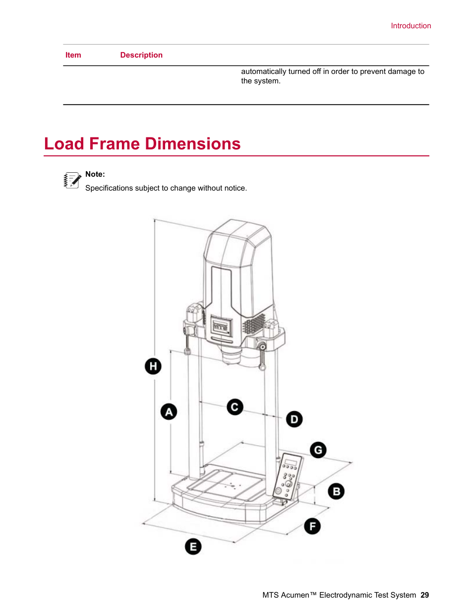 Load frame dimensions | MTS Acumen Electrodynamic Test System Load Frame User Guide User Manual | Page 29 / 74
