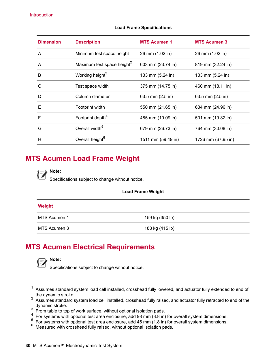 Mts acumen load frame weight, Mts acumen electrical requirements | MTS Acumen Electrodynamic Test System Load Frame User Guide User Manual | Page 30 / 74