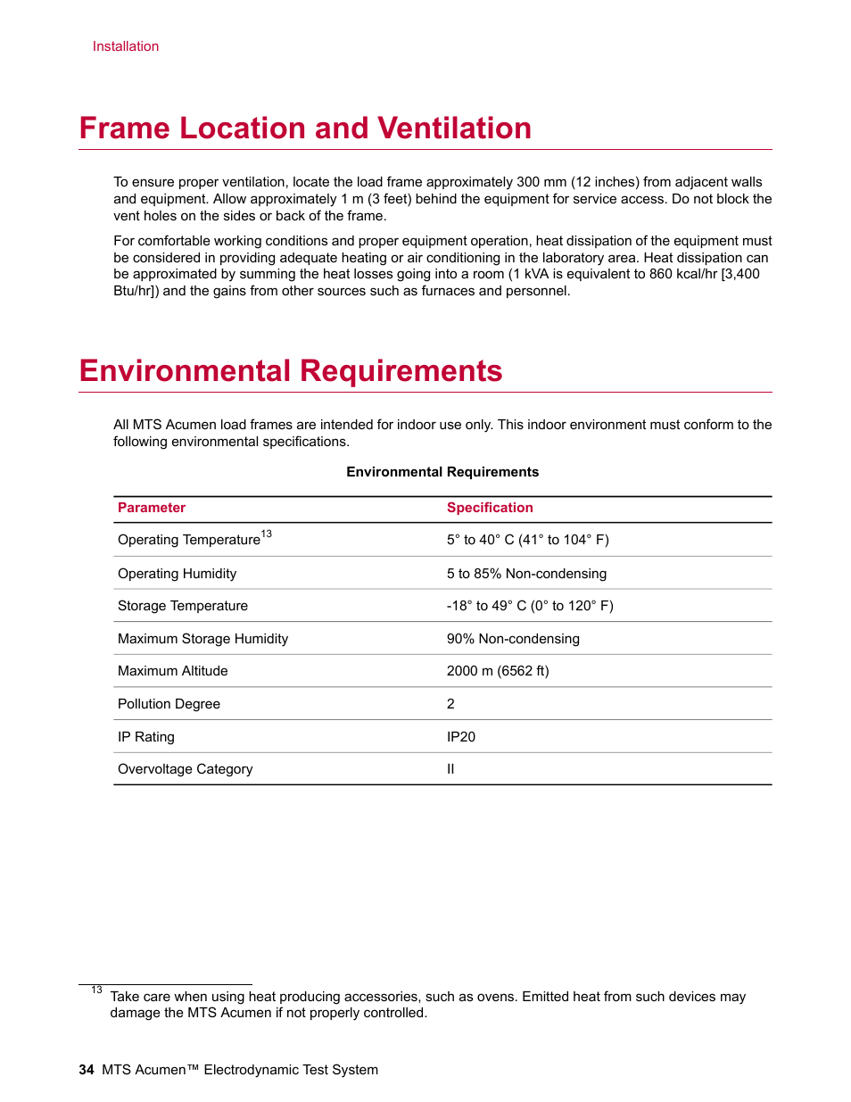 Frame location and ventilation, Environmental requirements | MTS Acumen Electrodynamic Test System Load Frame User Guide User Manual | Page 34 / 74