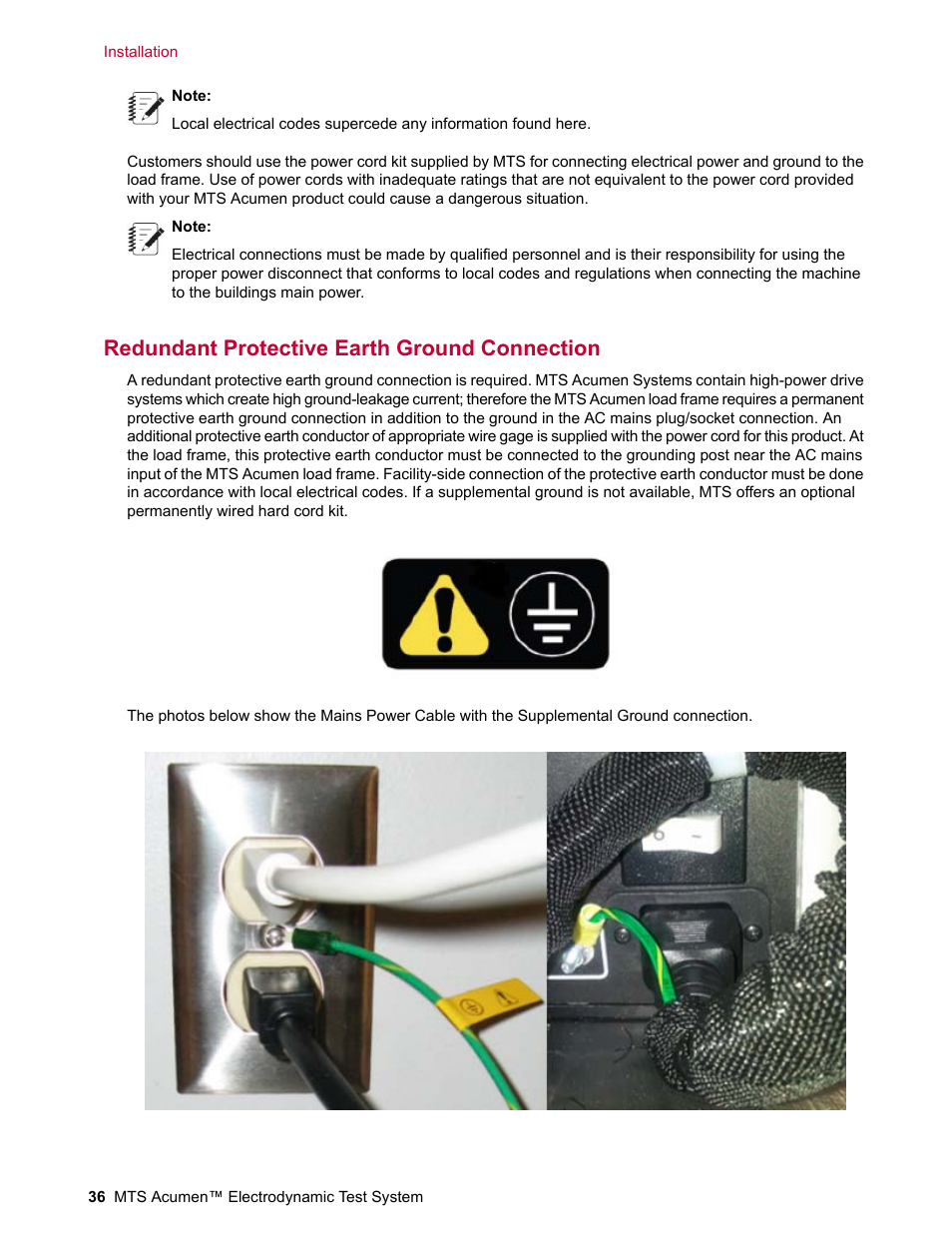 Redundant protective earth ground connection | MTS Acumen Electrodynamic Test System Load Frame User Guide User Manual | Page 36 / 74