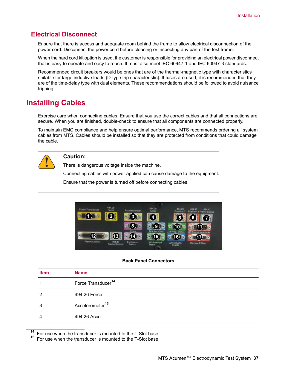 Electrical disconnect, Installing cables | MTS Acumen Electrodynamic Test System Load Frame User Guide User Manual | Page 37 / 74