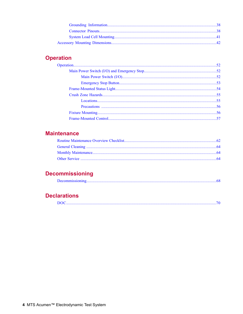 Operation 51, Maintenance 61, Decommissioning 67 | Declarations 69 | MTS Acumen Electrodynamic Test System Load Frame User Guide User Manual | Page 4 / 74