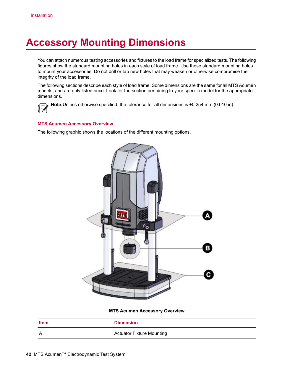 Accessory mounting dimensions | MTS Acumen Electrodynamic Test System Load Frame User Guide User Manual | Page 42 / 74
