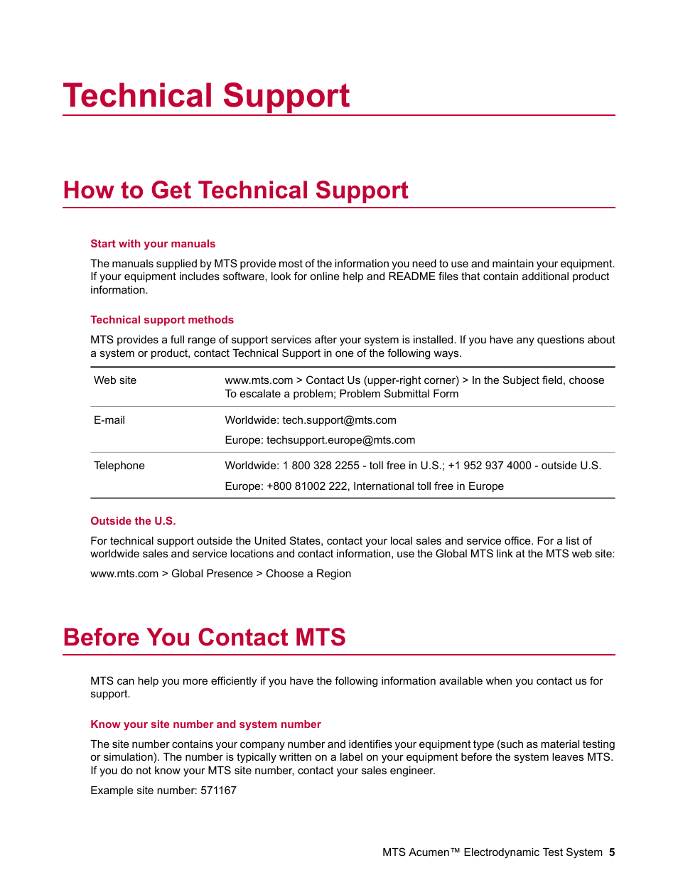 Technical support, How to get technical support, Before you contact mts | MTS Acumen Electrodynamic Test System Load Frame User Guide User Manual | Page 5 / 74