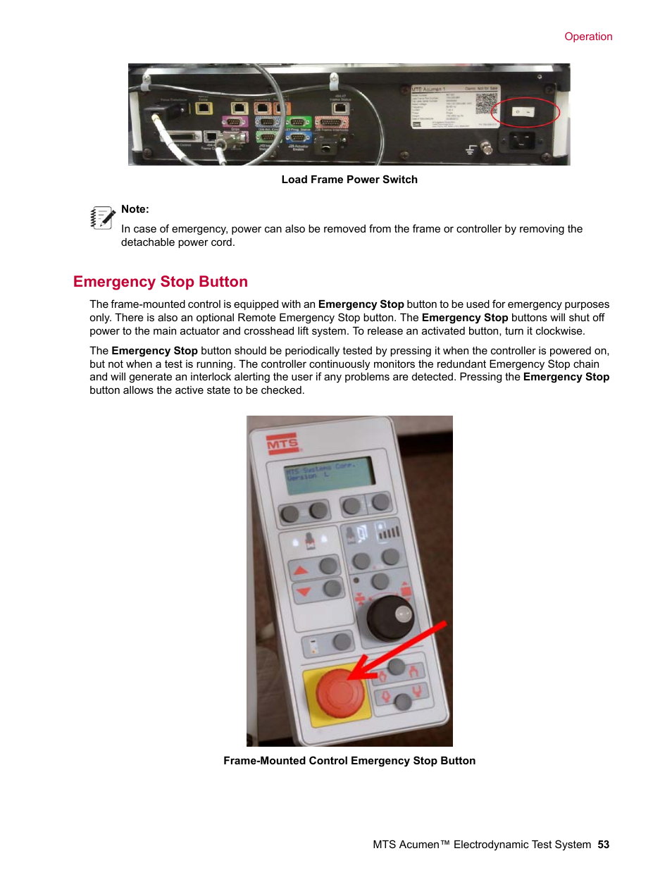 Emergency stop button | MTS Acumen Electrodynamic Test System Load Frame User Guide User Manual | Page 53 / 74