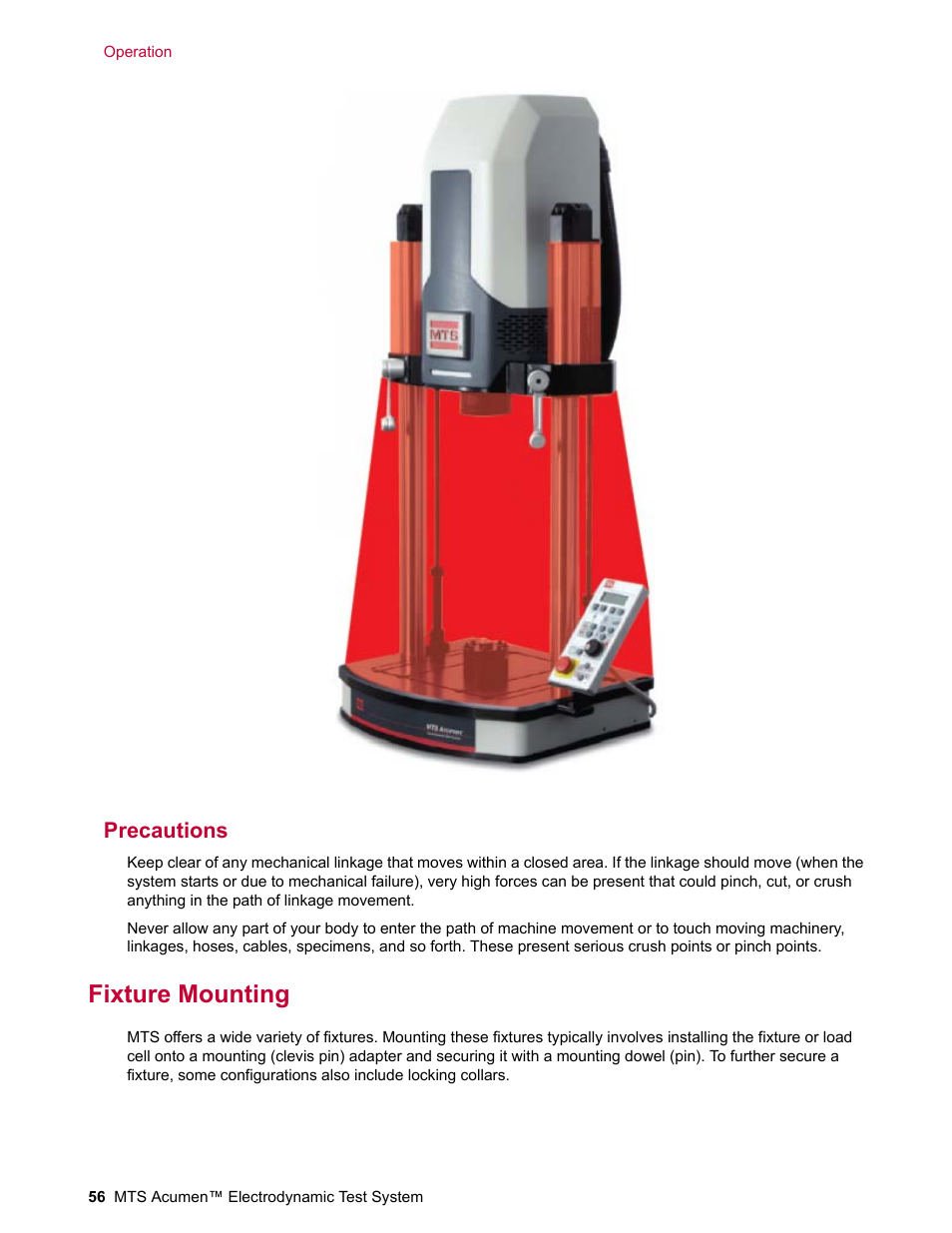 Precautions, Fixture mounting | MTS Acumen Electrodynamic Test System Load Frame User Guide User Manual | Page 56 / 74