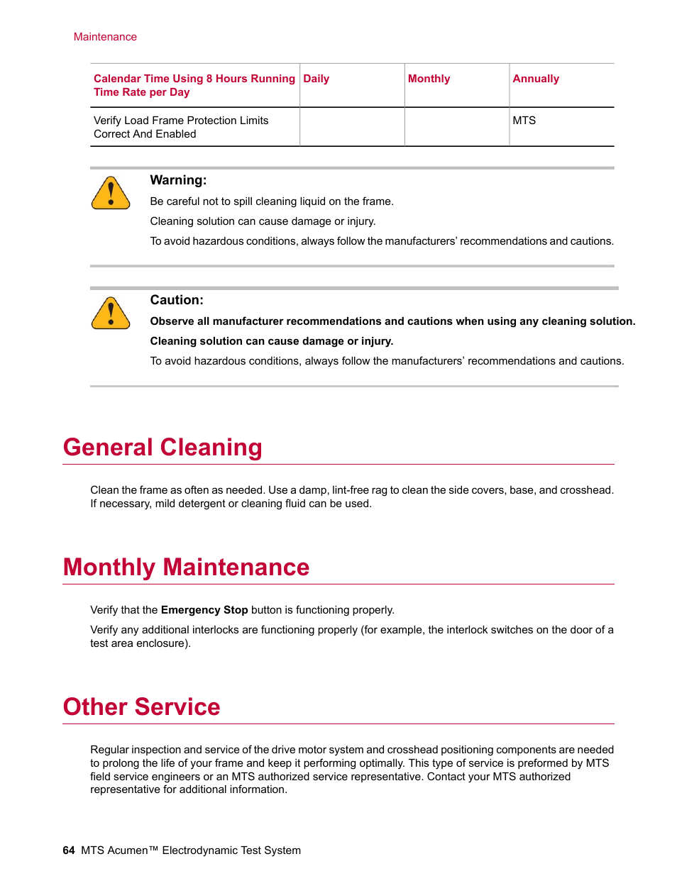 General cleaning, Monthly maintenance, Other service | MTS Acumen Electrodynamic Test System Load Frame User Guide User Manual | Page 64 / 74