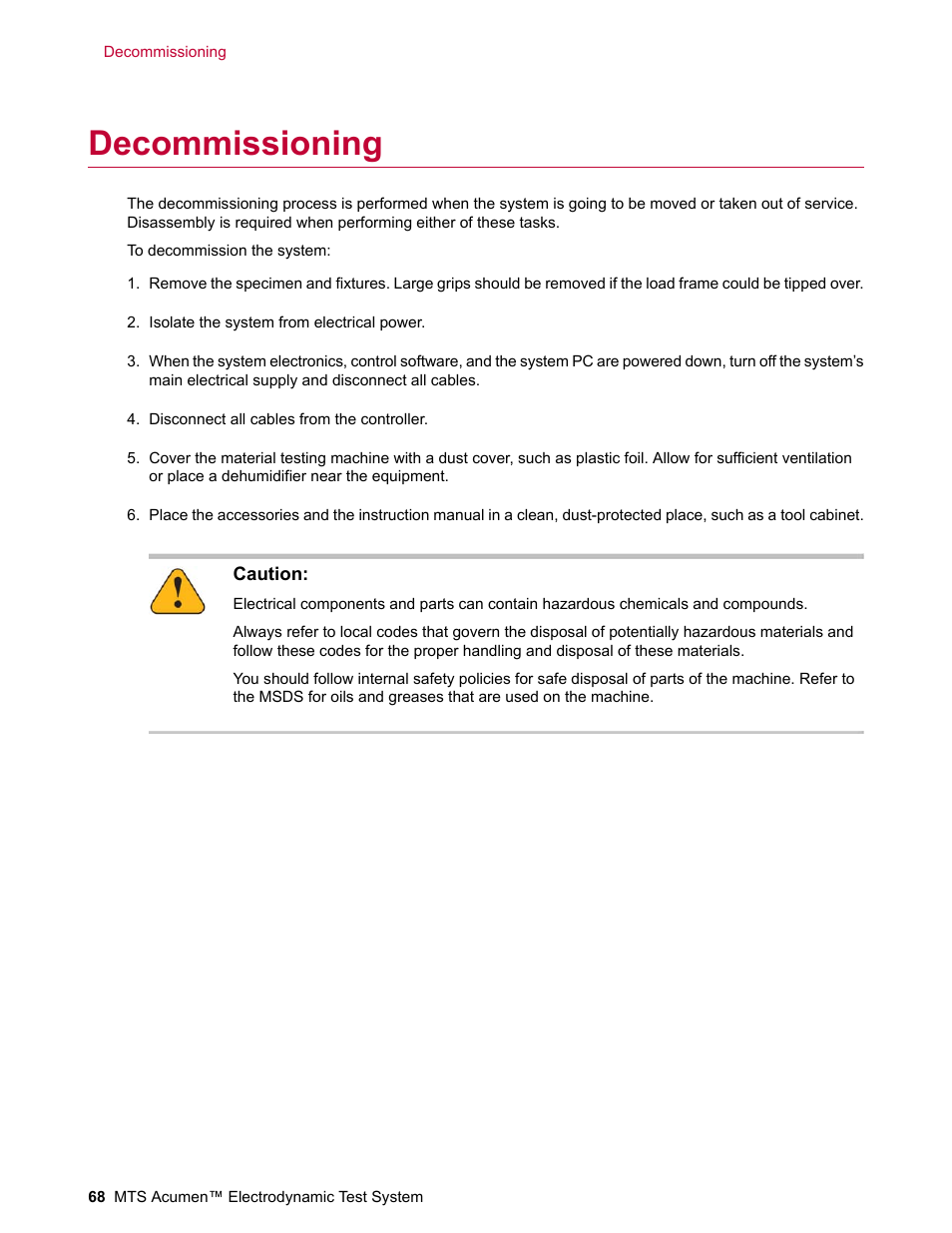 Decommissioning | MTS Acumen Electrodynamic Test System Load Frame User Guide User Manual | Page 68 / 74