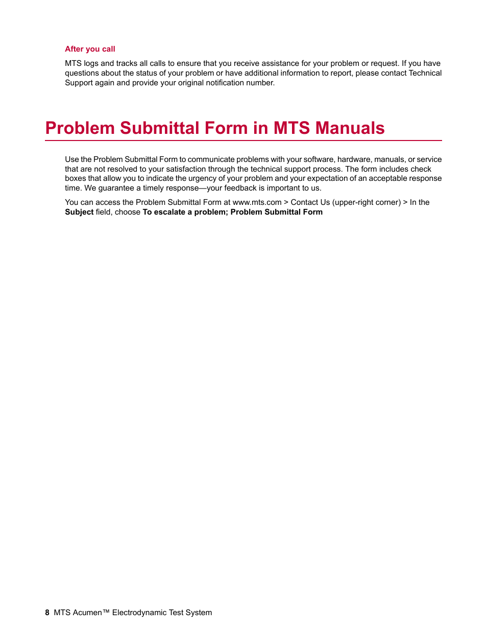 Problem submittal form in mts manuals | MTS Acumen Electrodynamic Test System Load Frame User Guide User Manual | Page 8 / 74