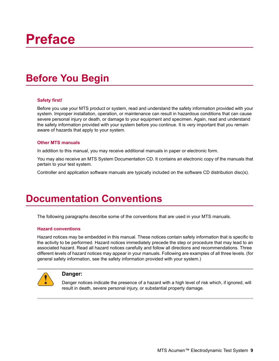 Preface, Before you begin, Documentation conventions | MTS Acumen Electrodynamic Test System Load Frame User Guide User Manual | Page 9 / 74