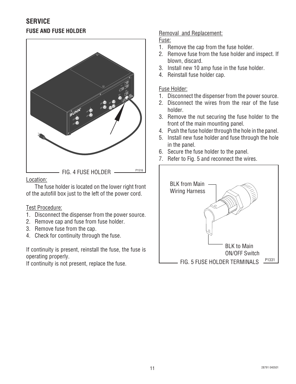 Service, Fig. 4 fuse holder | Bunn AFPO-2 User Manual | Page 11 / 25