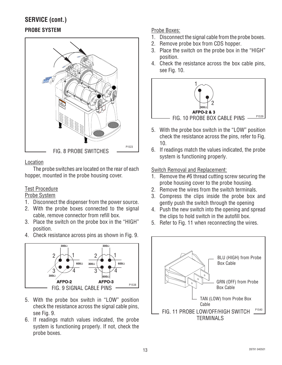 Service (cont.), Fig. 8 probe switches, Probe system | Fig. 10 probe box cable pins | Bunn AFPO-2 User Manual | Page 13 / 25