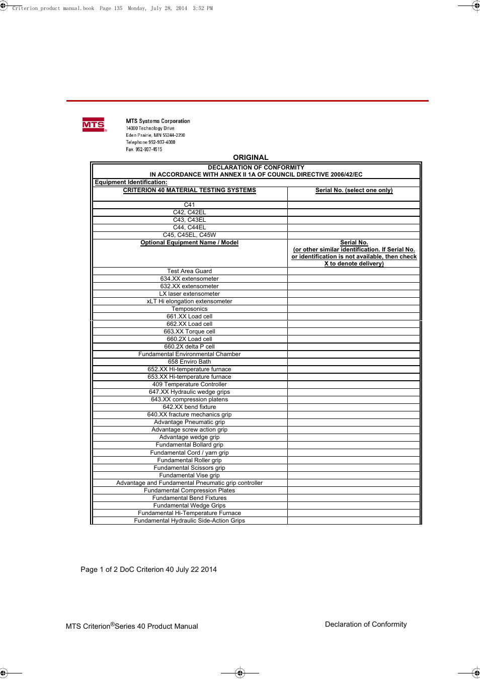 Declaration of conformity, Declaration of conformity 135 | MTS Criterion 40 - Manual User Manual | Page 135 / 138