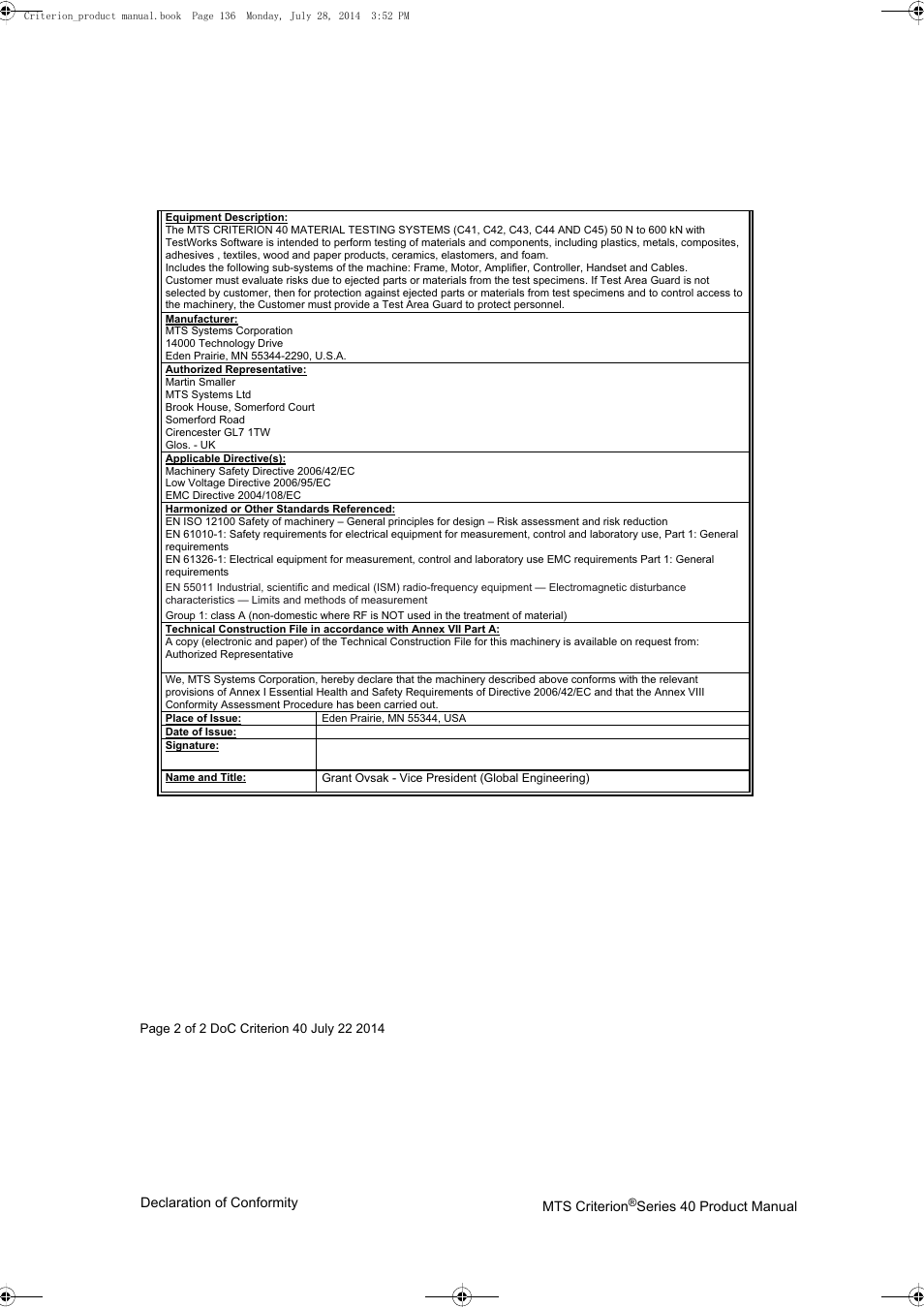 MTS Criterion 40 - Manual User Manual | Page 136 / 138