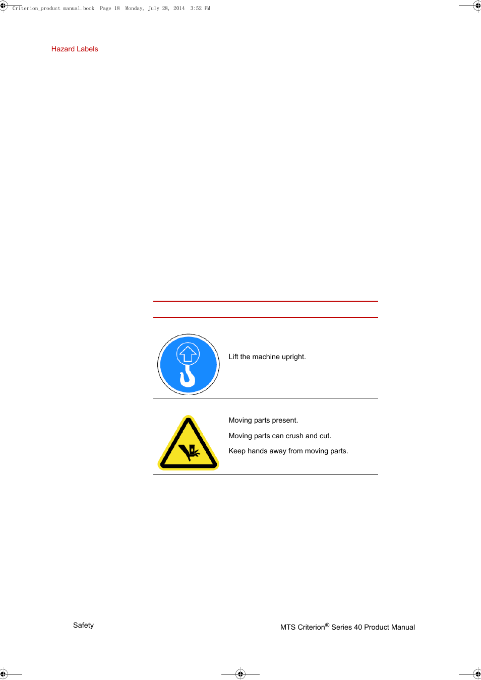 Hazard labels, Hazard labels 18 | MTS Criterion 40 - Manual User Manual | Page 18 / 138
