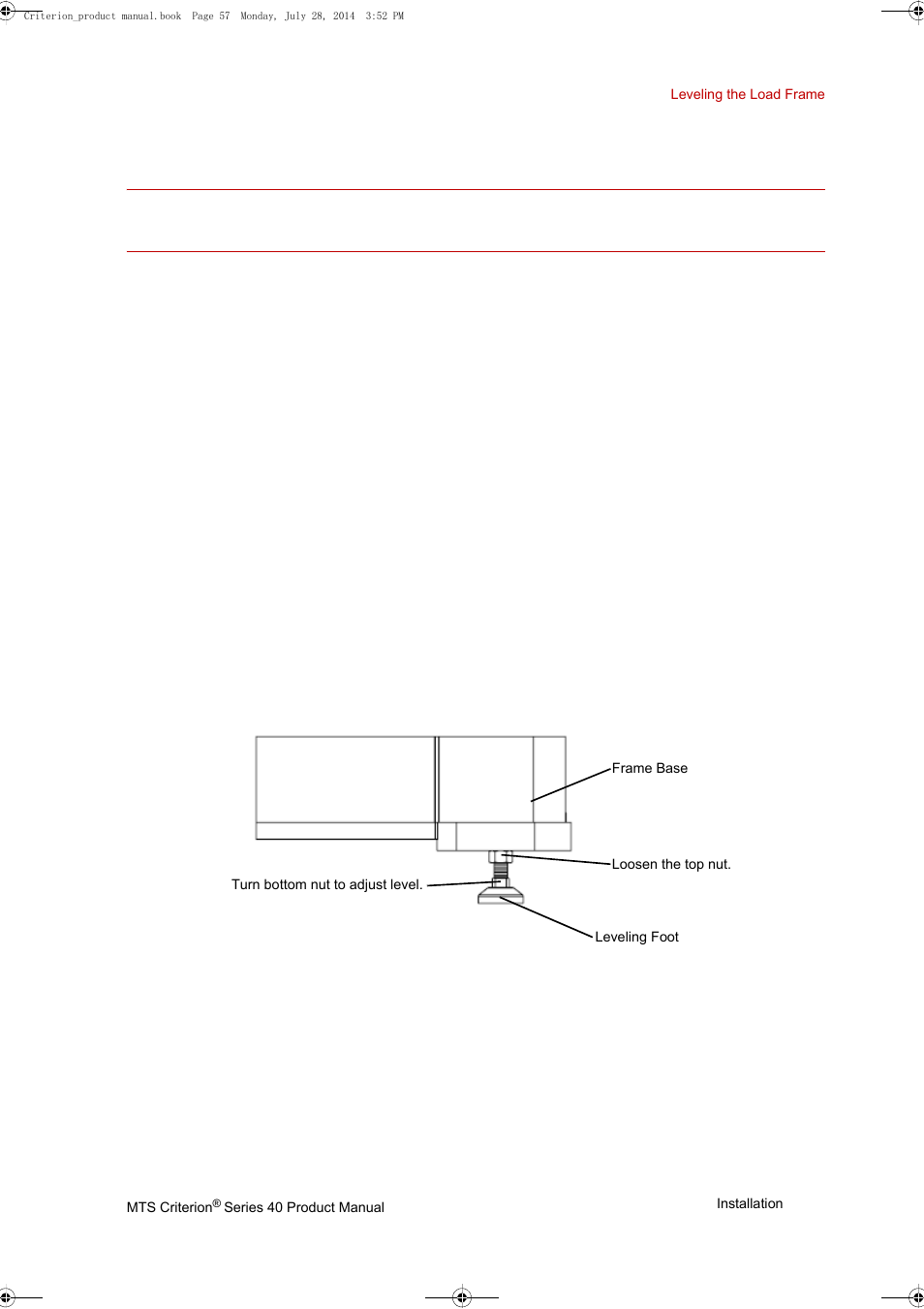 Leveling the load frame, Leveling the table-top load frame, Leveling the load frame 57 | Leveling the table-top load frame 57 | MTS Criterion 40 - Manual User Manual | Page 57 / 138