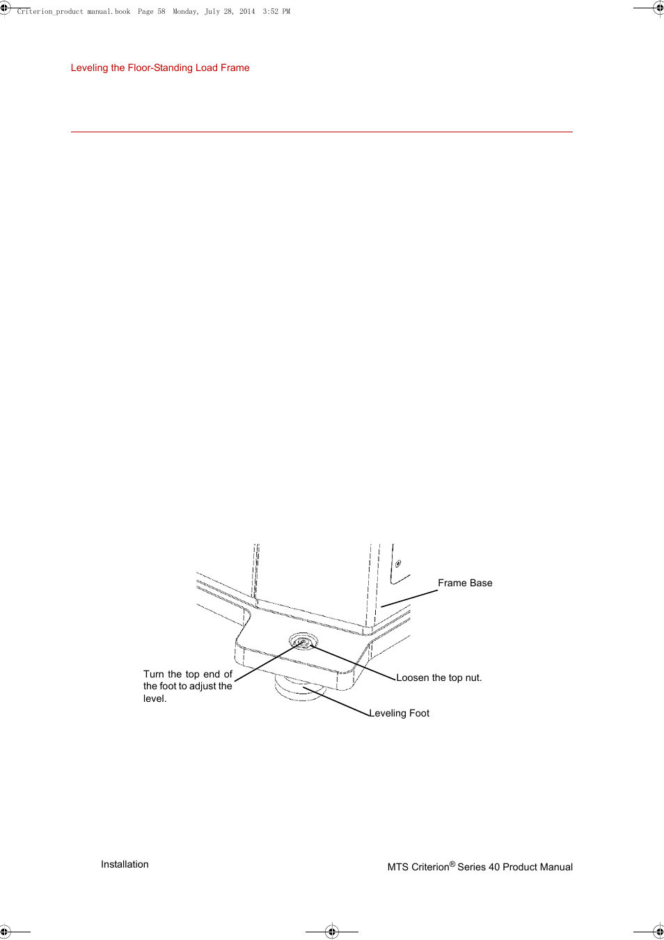 Leveling the floor-standing load frame, Leveling the floor-standing load frame 58, Equipment | Procedure | MTS Criterion 40 - Manual User Manual | Page 58 / 138