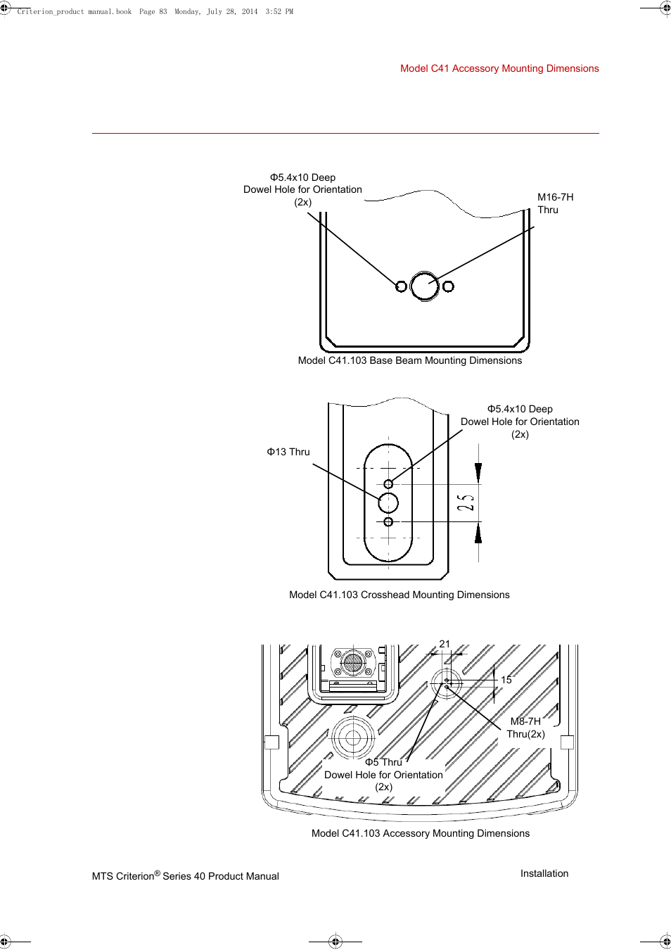 Model c41 accessory mounting dimensions, Model c41 accessory mounting dimensions 83, Base beam crosshead accesory mounting | MTS Criterion 40 - Manual User Manual | Page 83 / 138