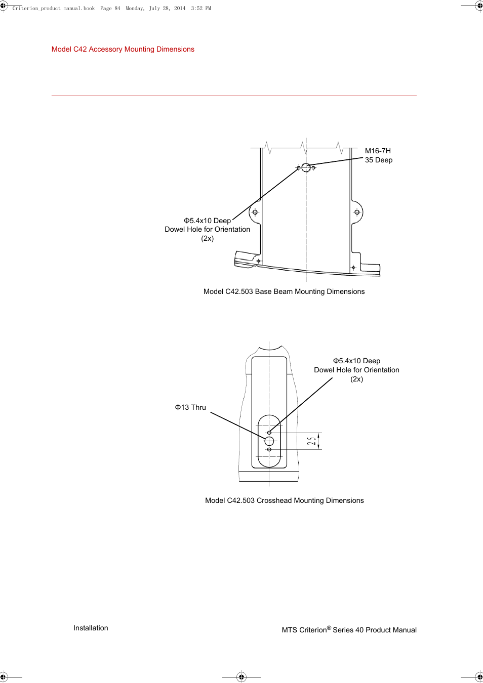 Model c42 accessory mounting dimensions, Model c42 accessory mounting dimensions 84, Base beam crosshead | MTS Criterion 40 - Manual User Manual | Page 84 / 138