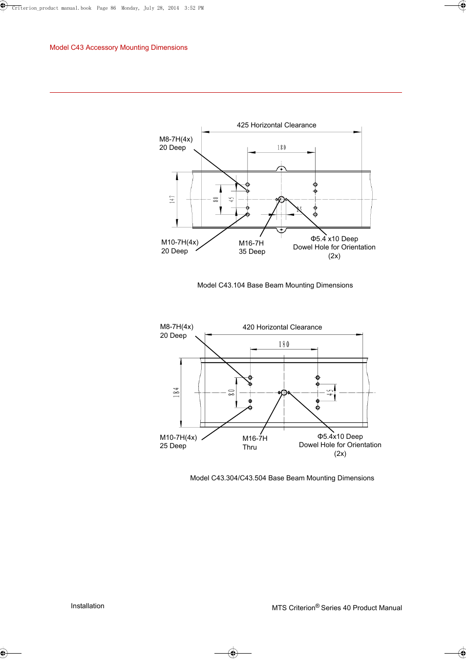 Model c43 accessory mounting dimensions, Model c43 accessory mounting dimensions 86, Base beam | MTS Criterion 40 - Manual User Manual | Page 86 / 138