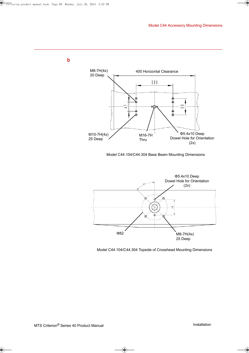 Model c44 accessory mounting dimensions, Model c44 accessory mounting dimensions 89, Base b eam crosshead | MTS Criterion 40 - Manual User Manual | Page 89 / 138