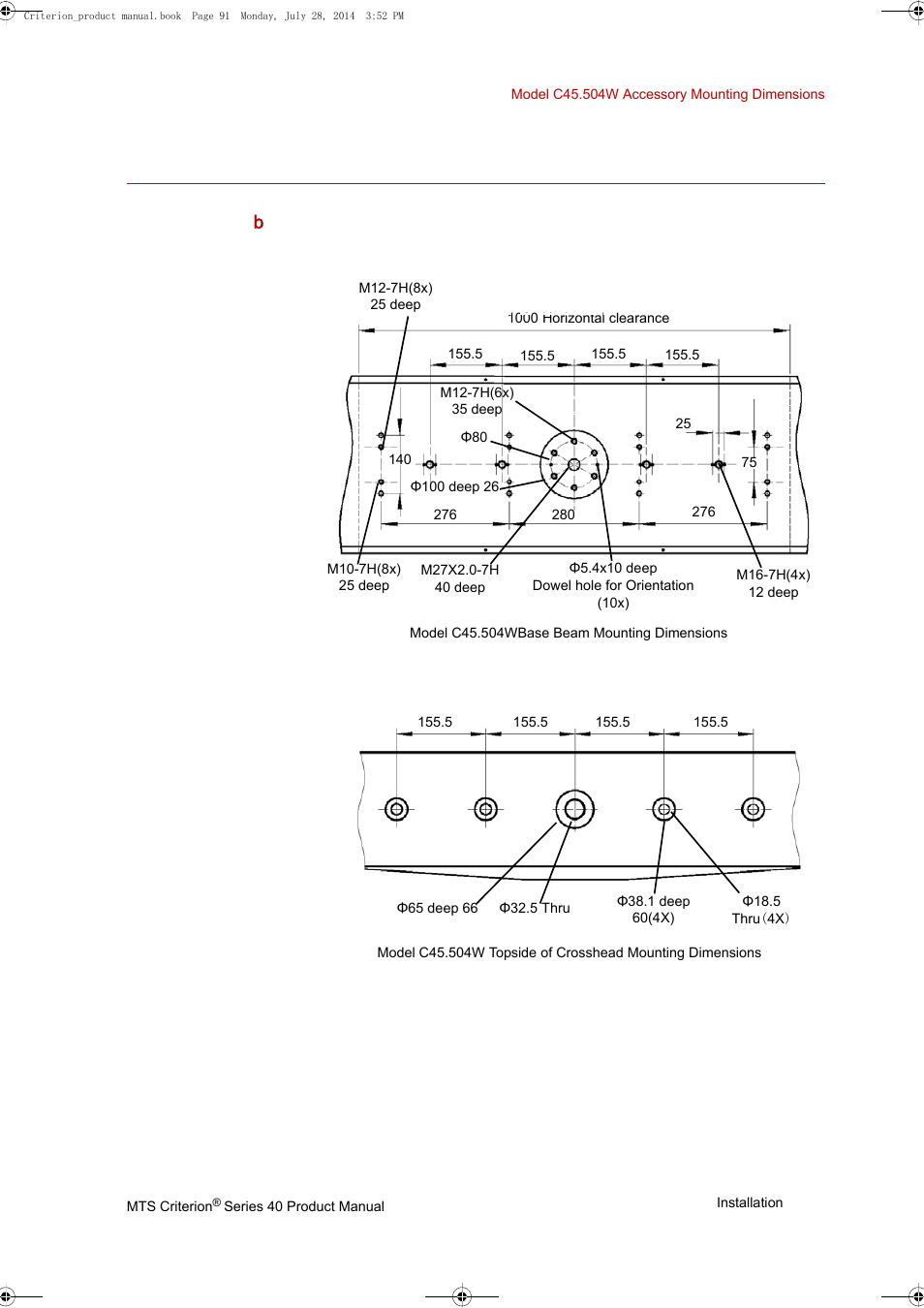 Model c45.504w accessory mounting dimensions, Model c45.504w accessory mounting dimensions 91, Base b eam crosshead | MTS Criterion 40 - Manual User Manual | Page 91 / 138