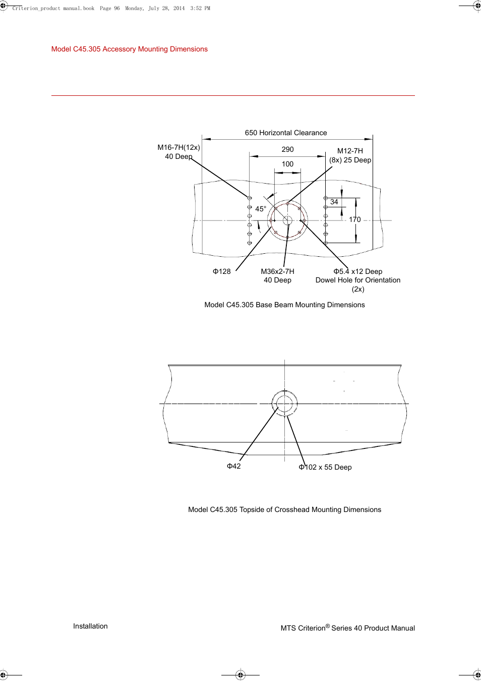 Model c45.305 accessory mounting dimensions, Model c45.305 accessory mounting dimensions 96, Base beam crosshead | MTS Criterion 40 - Manual User Manual | Page 96 / 138