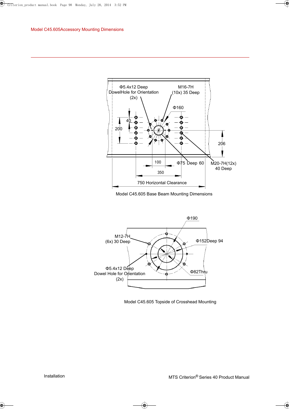 Model c45.605accessory mounting dimensions, Model c45.605accessory mounting dimensions 98, Base beam crosshead | MTS Criterion 40 - Manual User Manual | Page 98 / 138